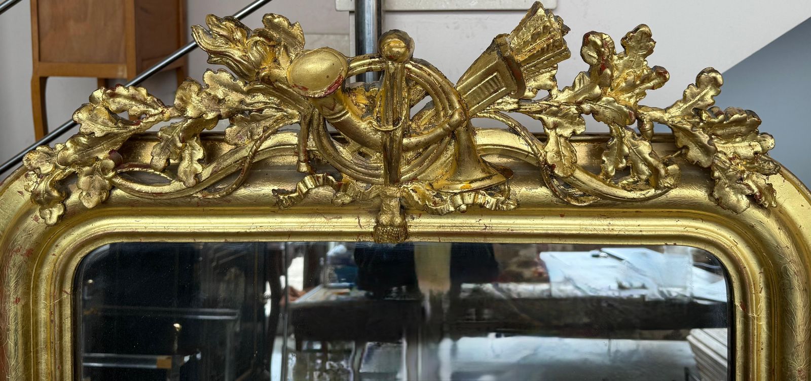 French 19th Century Vertical Gold Gilt Mirror With Floral Crest photo vinterior