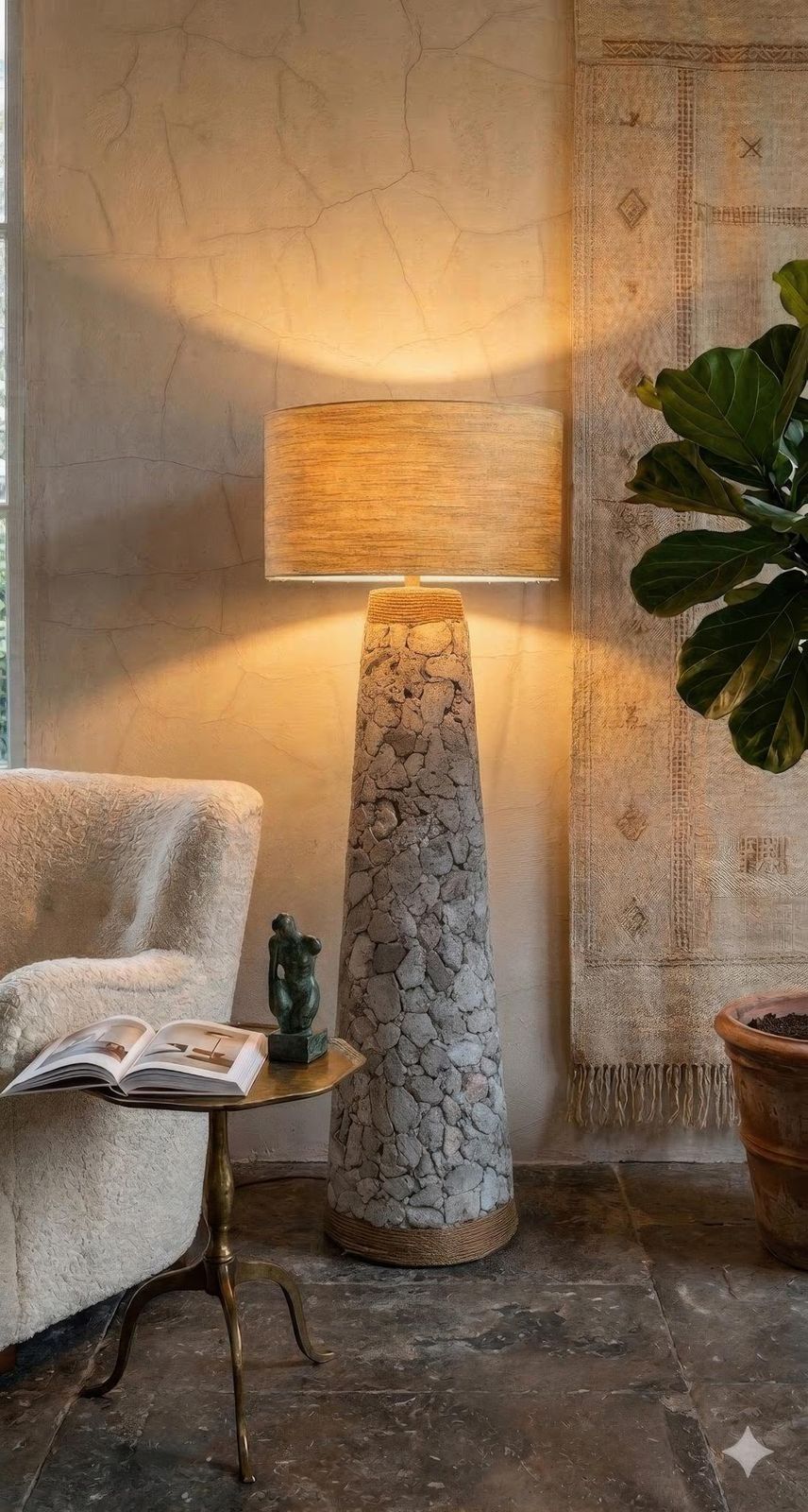 Sculptural Stone Floor Lamp With Rope Detail, Wabi Sabi, 20th Century photo furniture