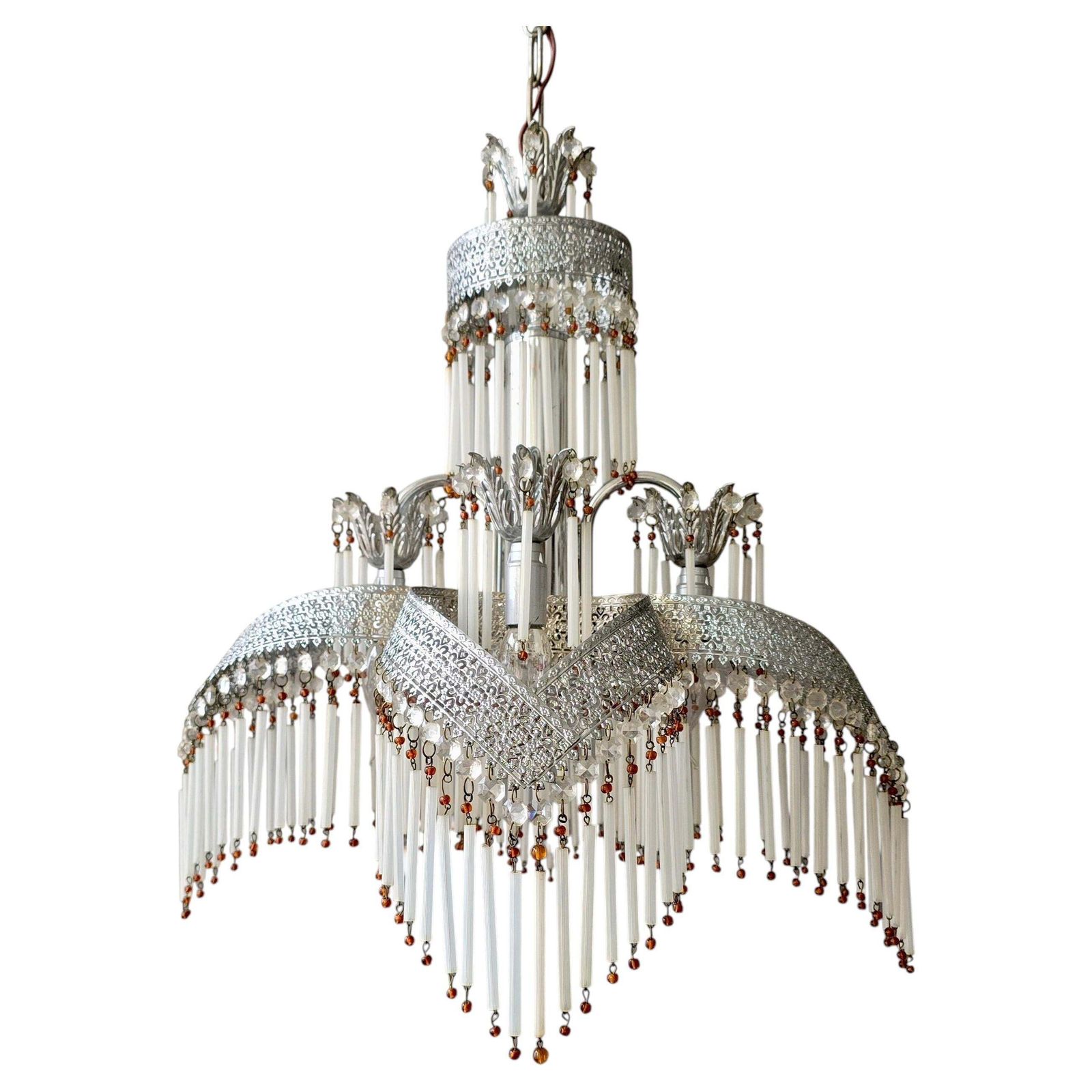 Italian Chandelier With Crystal Drops And Glass Rods, 1970s photo for sale