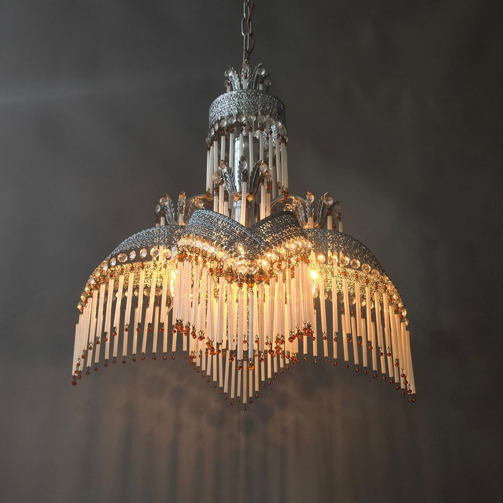 Italian Chandelier With Crystal Drops And Glass Rods, 1970s photo vinterior
