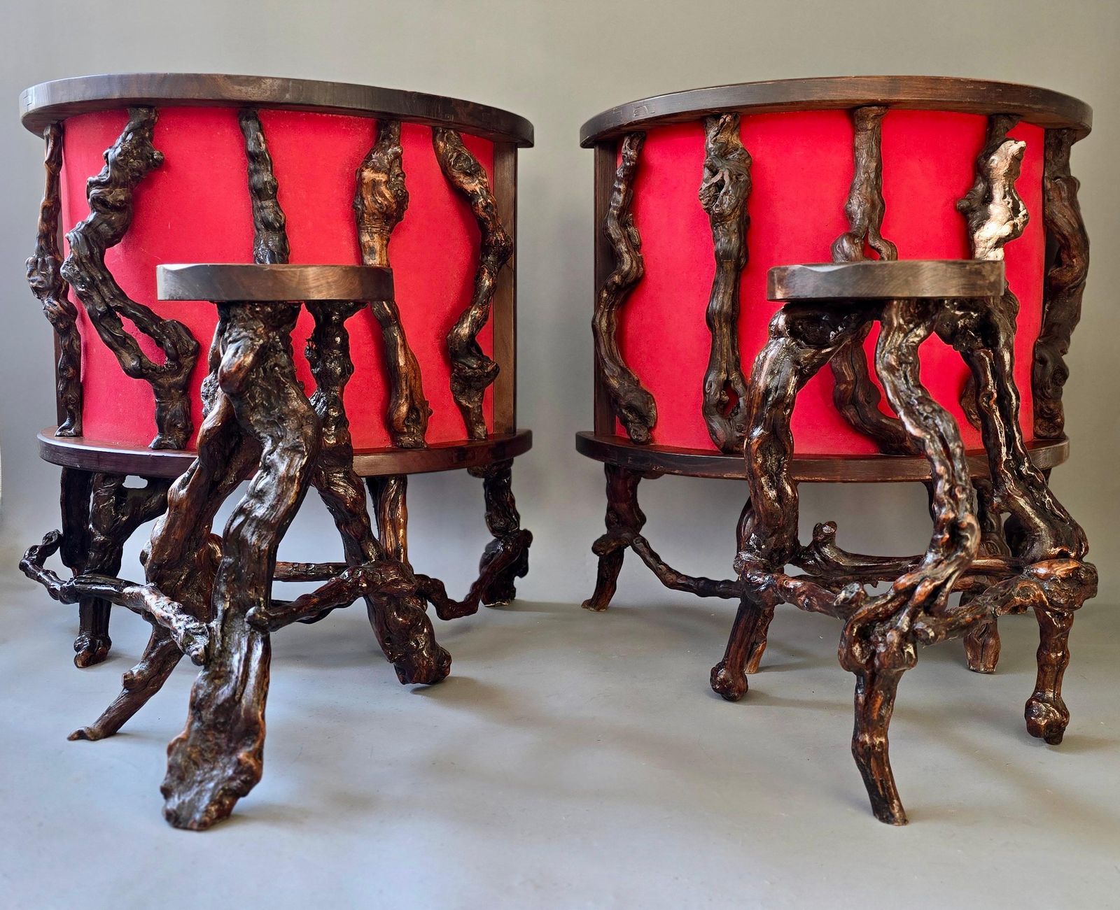 photo vinterior Rare Sculptural Brutalist Rootwood Bar Ensemble France 1950s 5 Piece Dry Bar Set