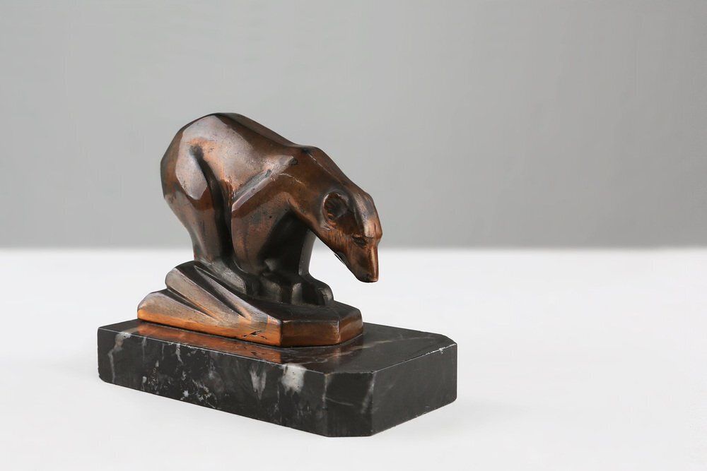 Art Deco Metal Polar Bear On Black Marble Base, France, 1930s photo furniture