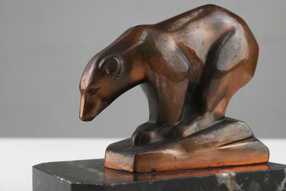 Art Deco Metal Polar Bear On Black Marble Base, France, 1930s photo 1038.0