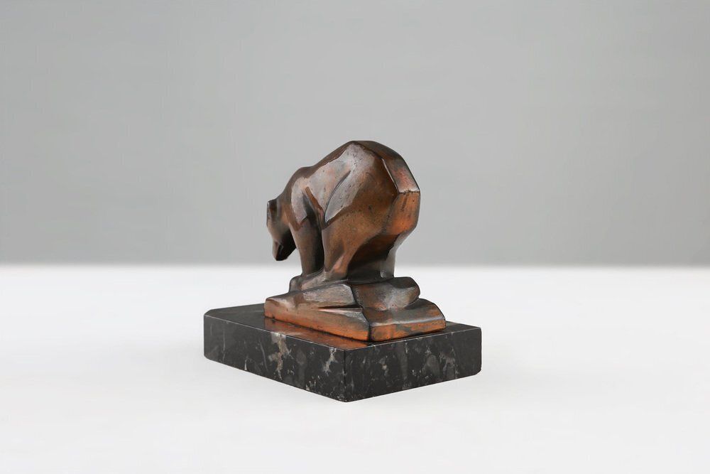 Art Deco Metal Polar Bear On Black Marble Base, France, 1930s photo buy