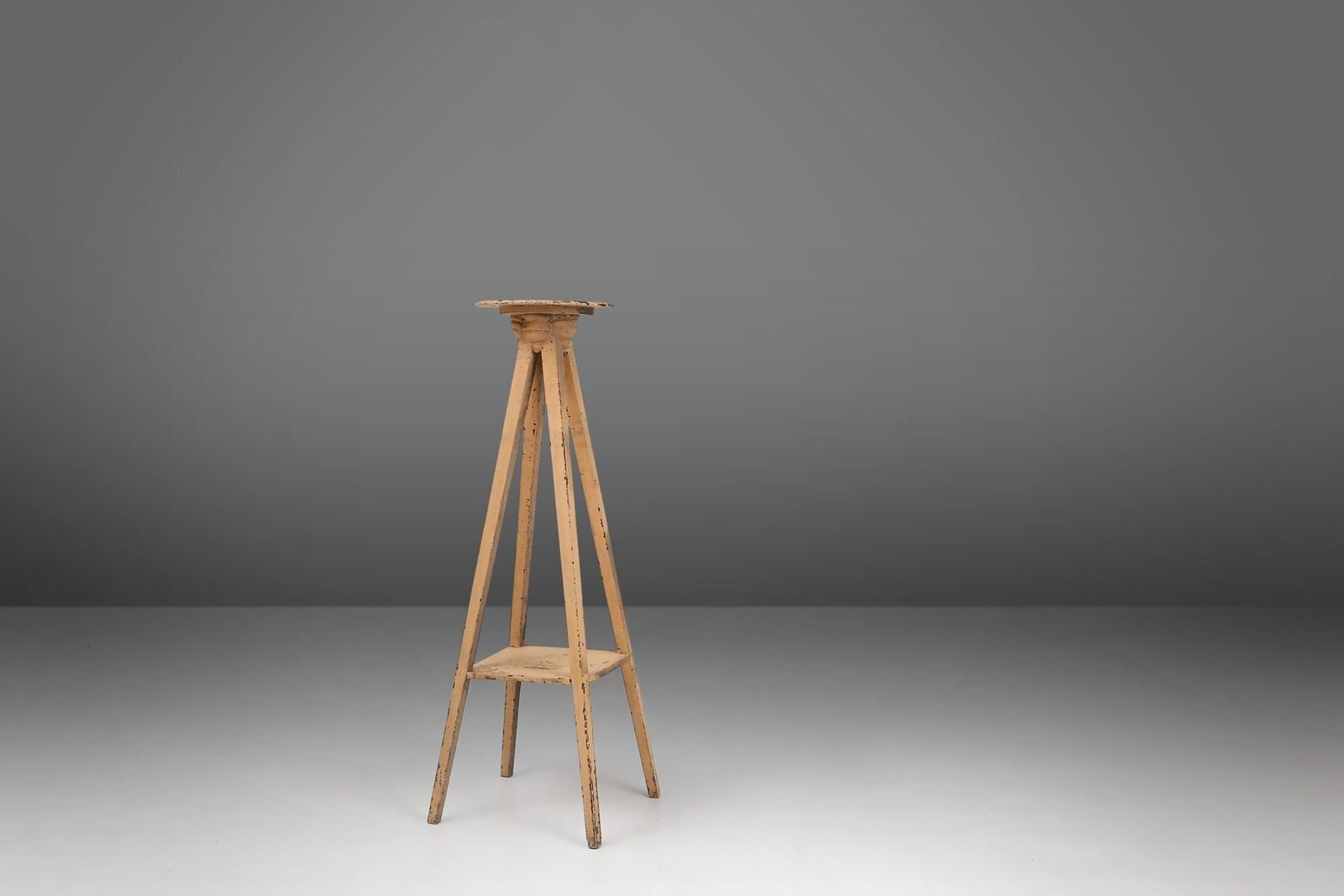 Industrial Painted Wooden Tripod Console Table With Rich Patina, 1890s