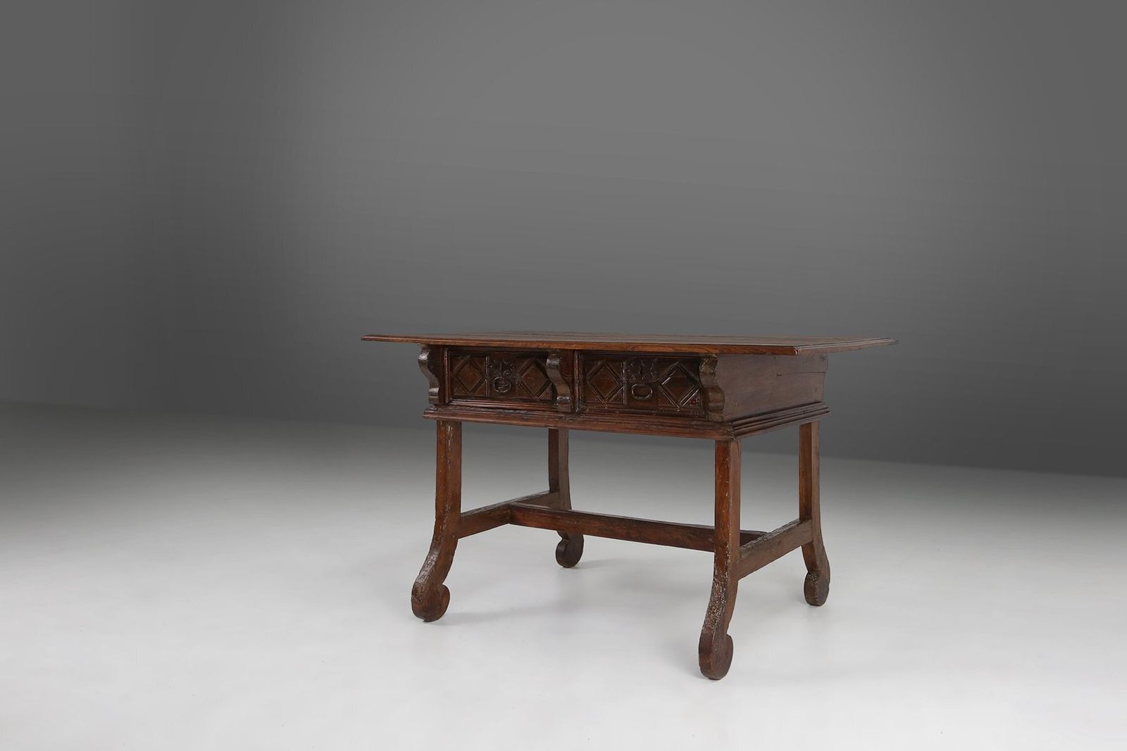 Antique Spanish Console Table In Carved Oak With Drawers, 1700s