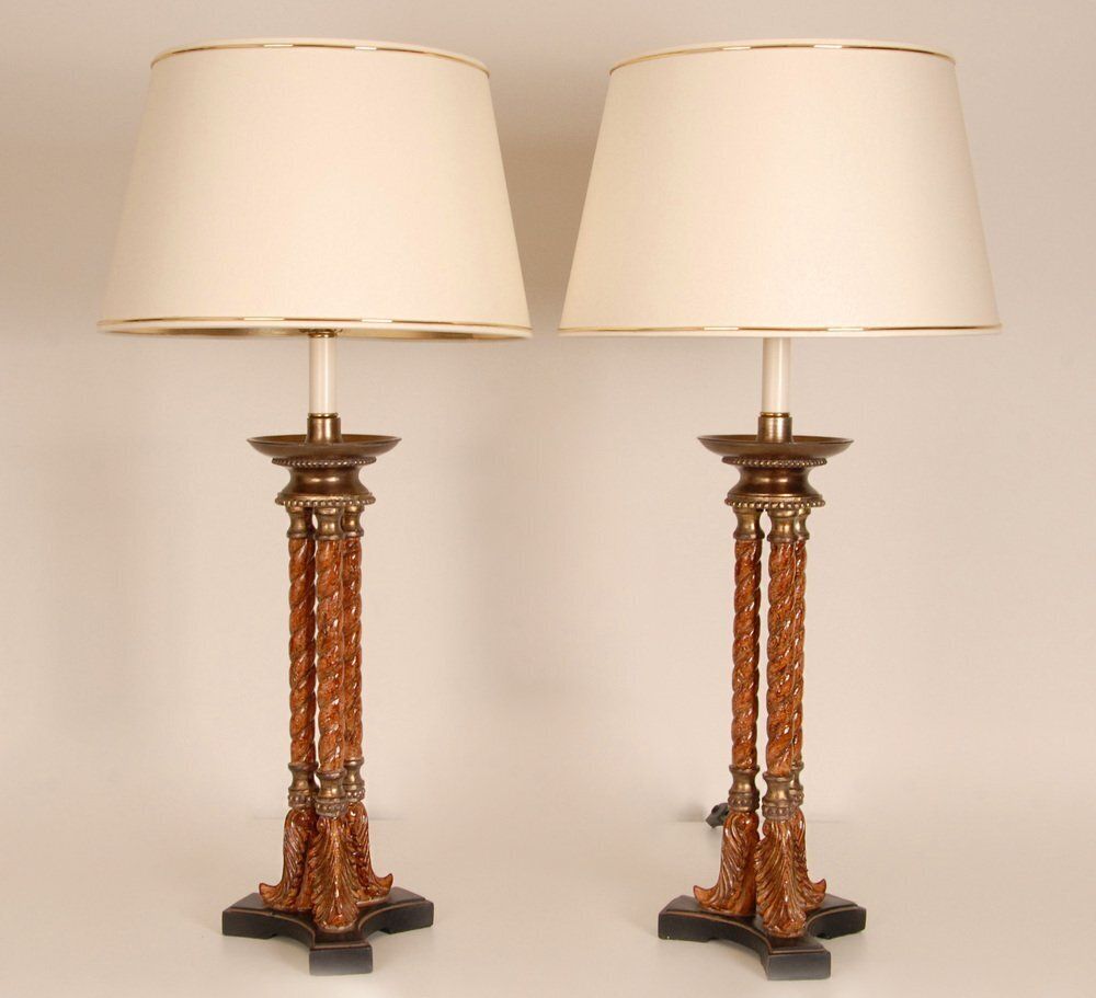 Vintage Italian Neoclassical Column Lamps In Turned Burl Wood, 1980s, Set Of 2 photo vinterior