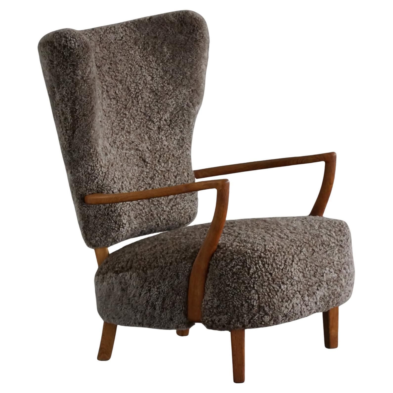 High Back Lounge Chair In Oak & Lambswool, Danish Modern, Viggo Boesen, 1950s