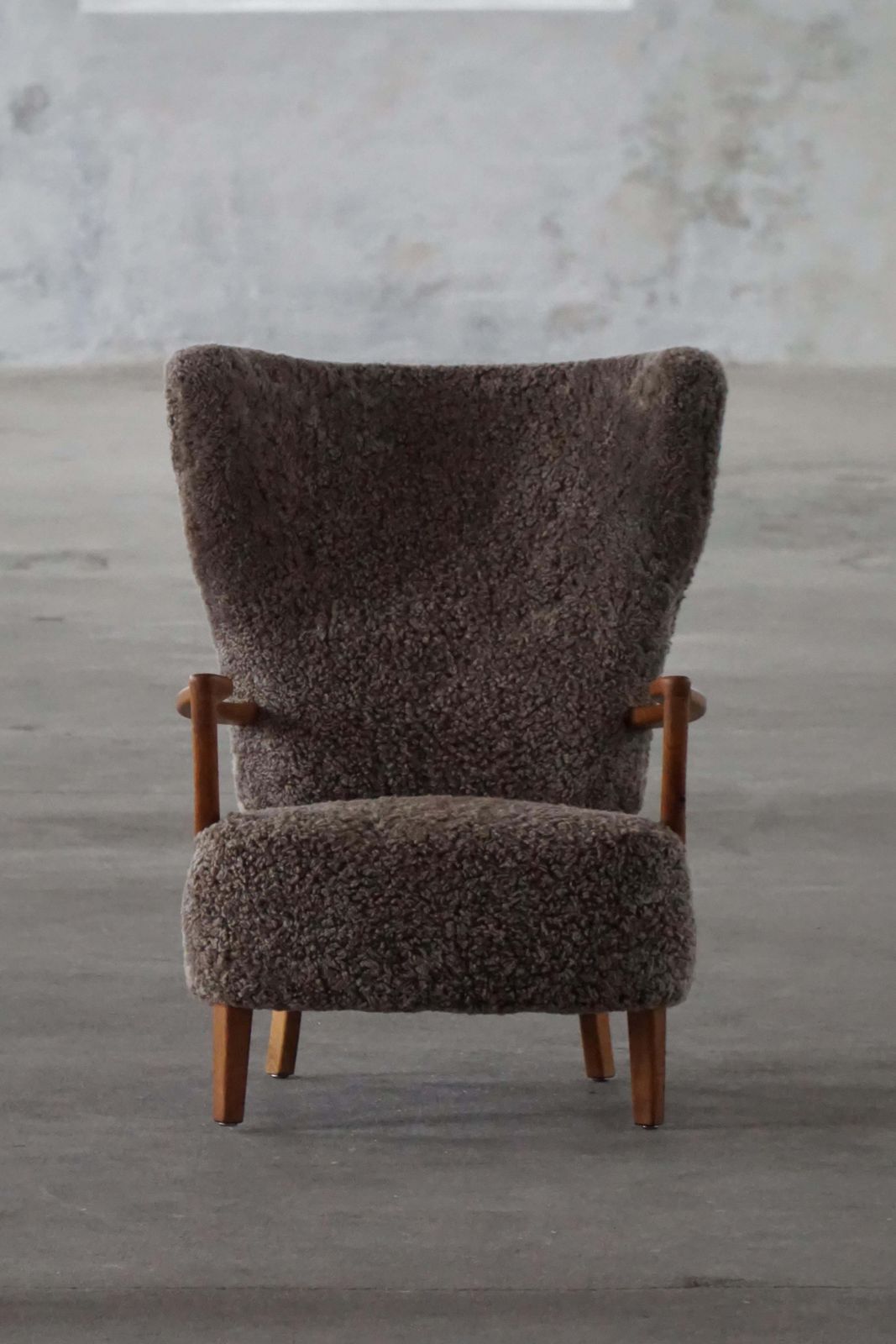 Furniture High Back Lounge Chair In Oak & Lambswool, Danish Modern, Viggo Boesen, 1950s photo