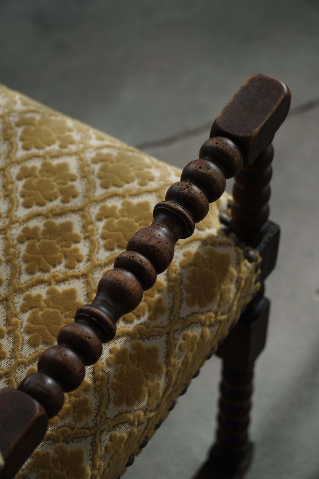 photo buy French Bobbin Louis XIII Style Armchair, Patterned Fabric, Early 20th Century