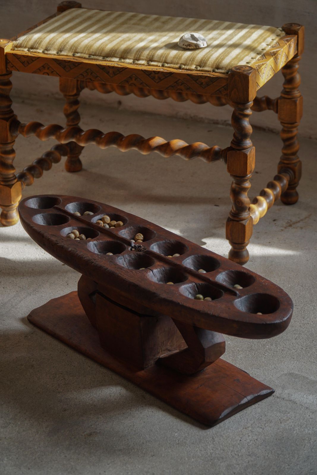 Decorative Hand Carved Wooden Mancala Game Board, African, Mid 20th Century photo furniture