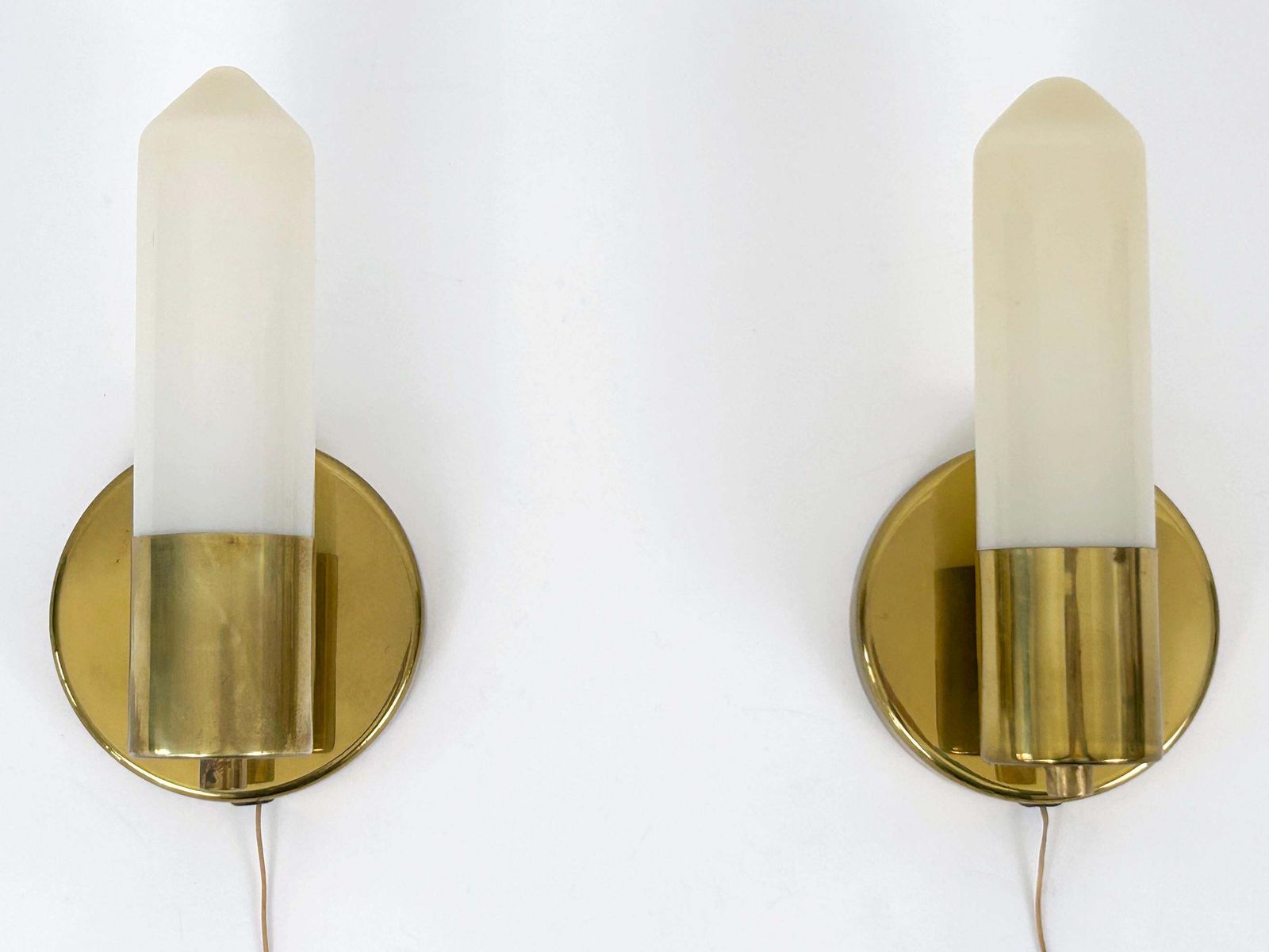 Set Of Two Elegant Bauhaus Brass & Opaline Glass Sconces Germany 1950s photo Lighting