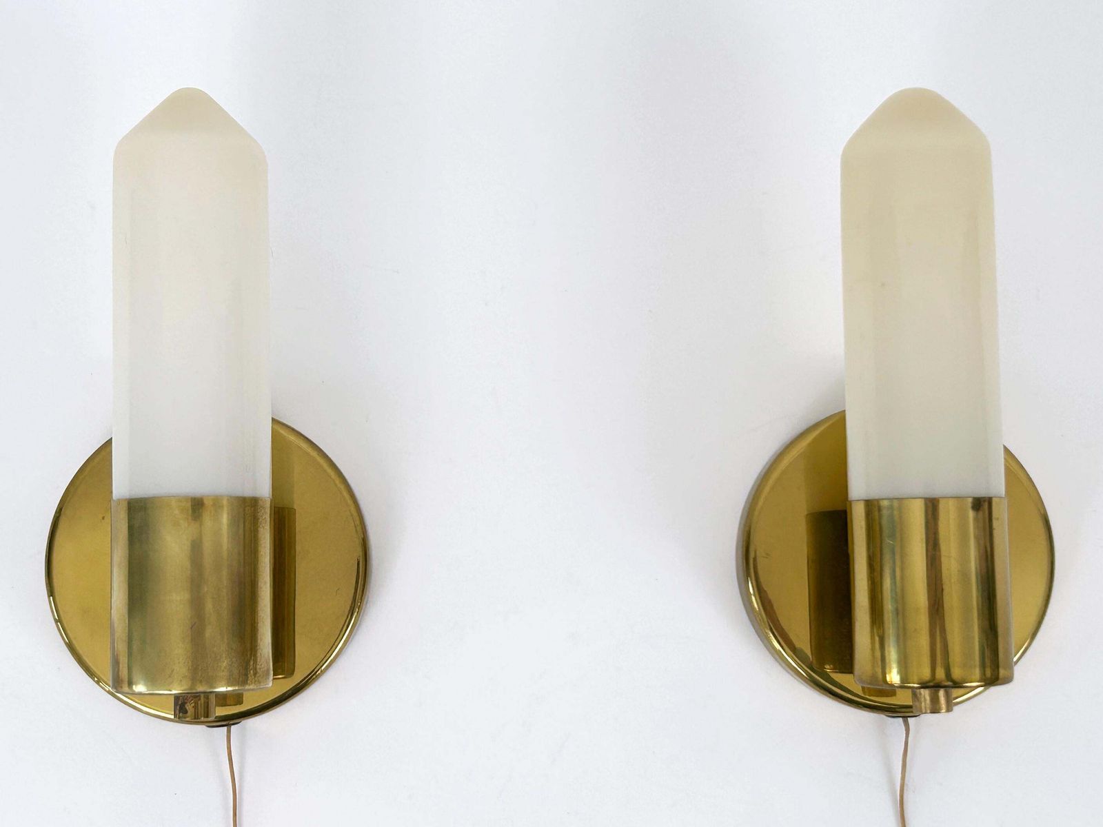 Set Of Two Elegant Bauhaus Brass & Opaline Glass Sconces Germany 1950s photo vinterior