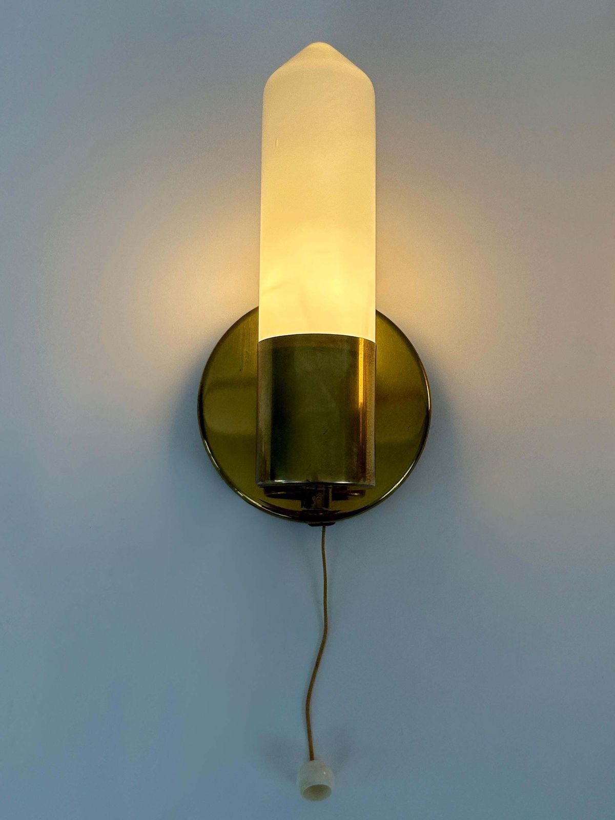 Set Of Two Elegant Bauhaus Brass & Opaline Glass Sconces Germany 1950s photo vintage