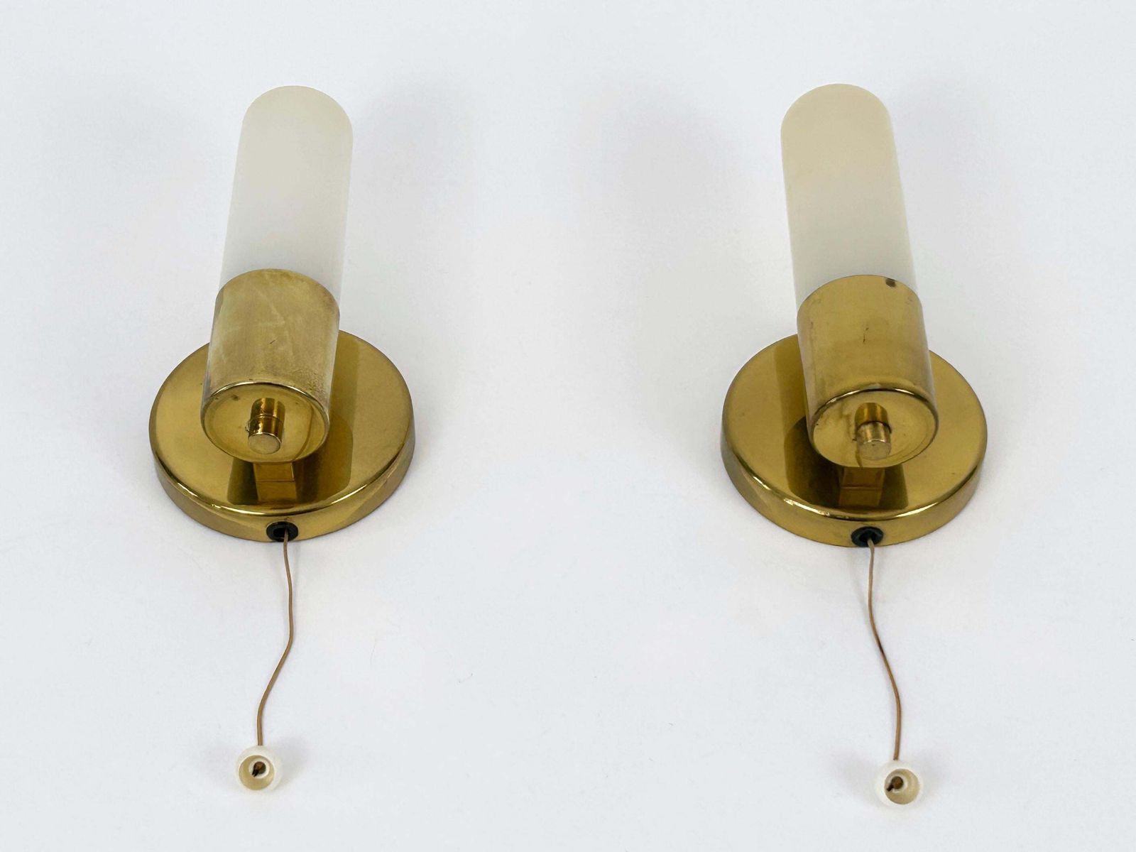 Lighting Set Of Two Elegant Bauhaus Brass & Opaline Glass Sconces Germany 1950s photo