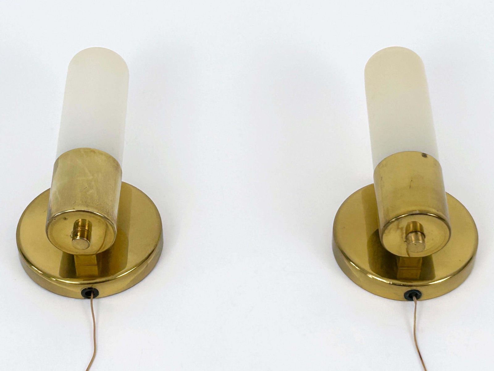 1730.0 Set Of Two Elegant Bauhaus Brass & Opaline Glass Sconces Germany 1950s photo