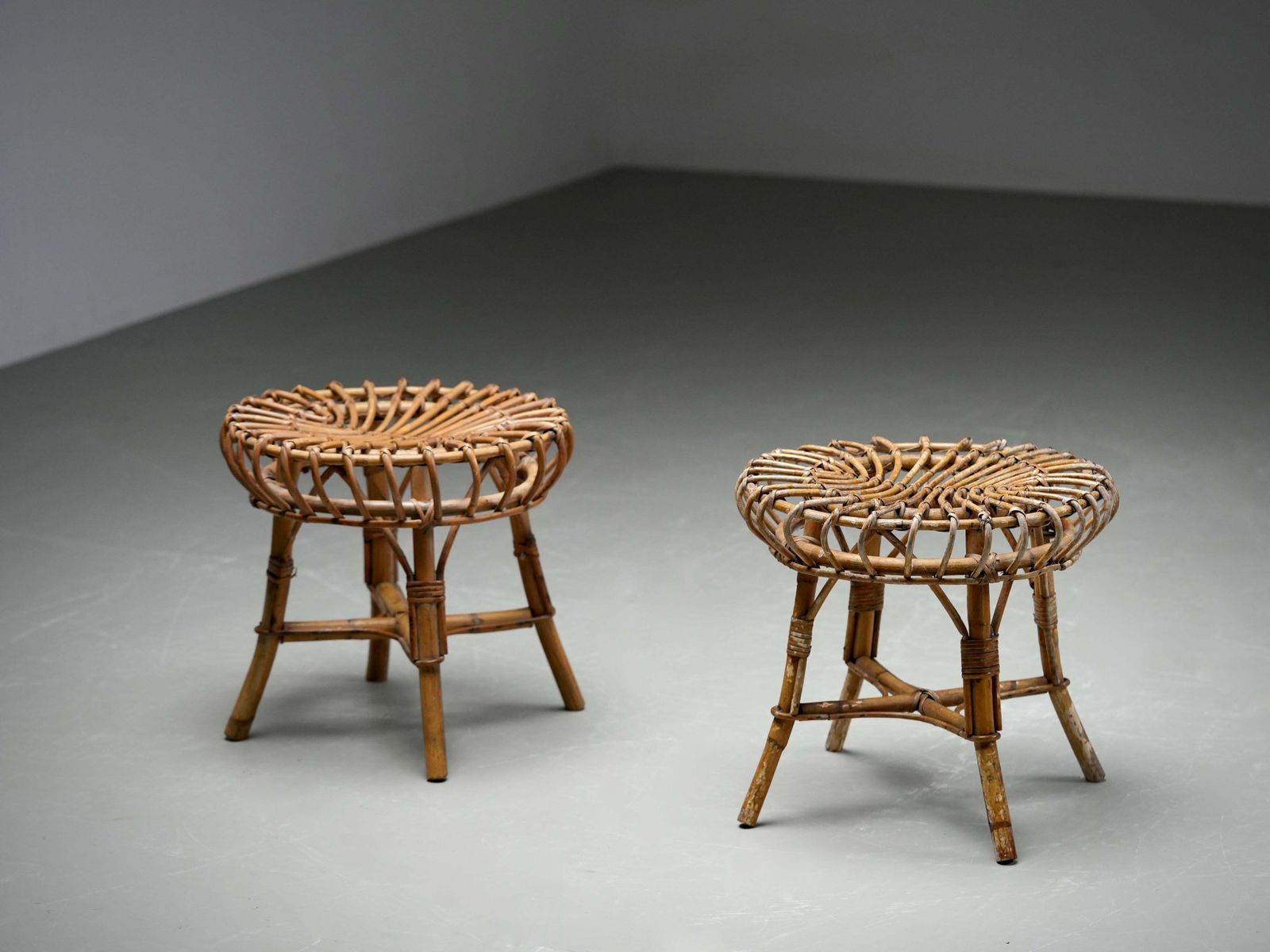 Set Of 2 Franco Albini Rattan And Bamboo Round Ottoman Stools, Italy 1960s photo for sale