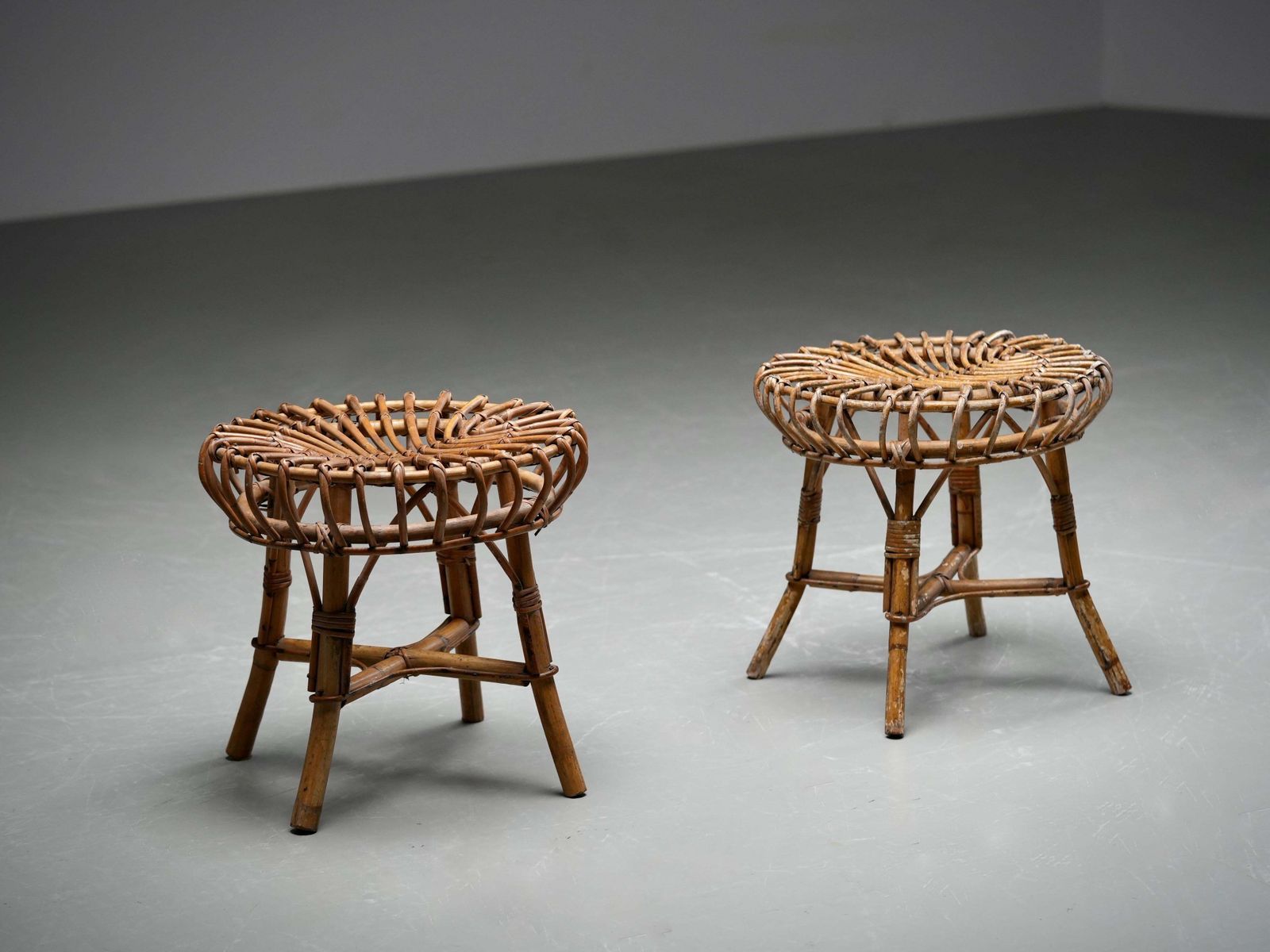 Set Of 2 Franco Albini Rattan And Bamboo Round Ottoman Stools, Italy 1960s photo Furniture
