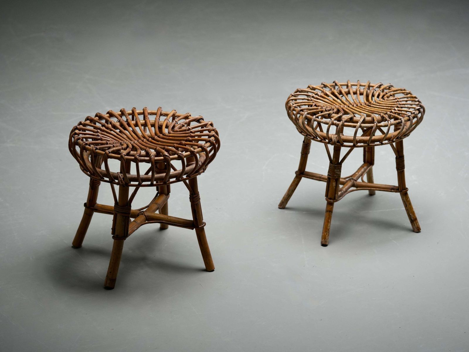 Set Of 2 Franco Albini Rattan And Bamboo Round Ottoman Stools, Italy 1960s photo vinterior
