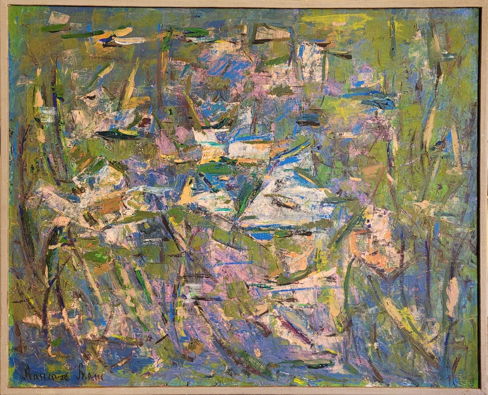 Large Abstract Expressionist Oil On Canvas Of Waterlilies, By Françoise Blanc 82.5x101cm