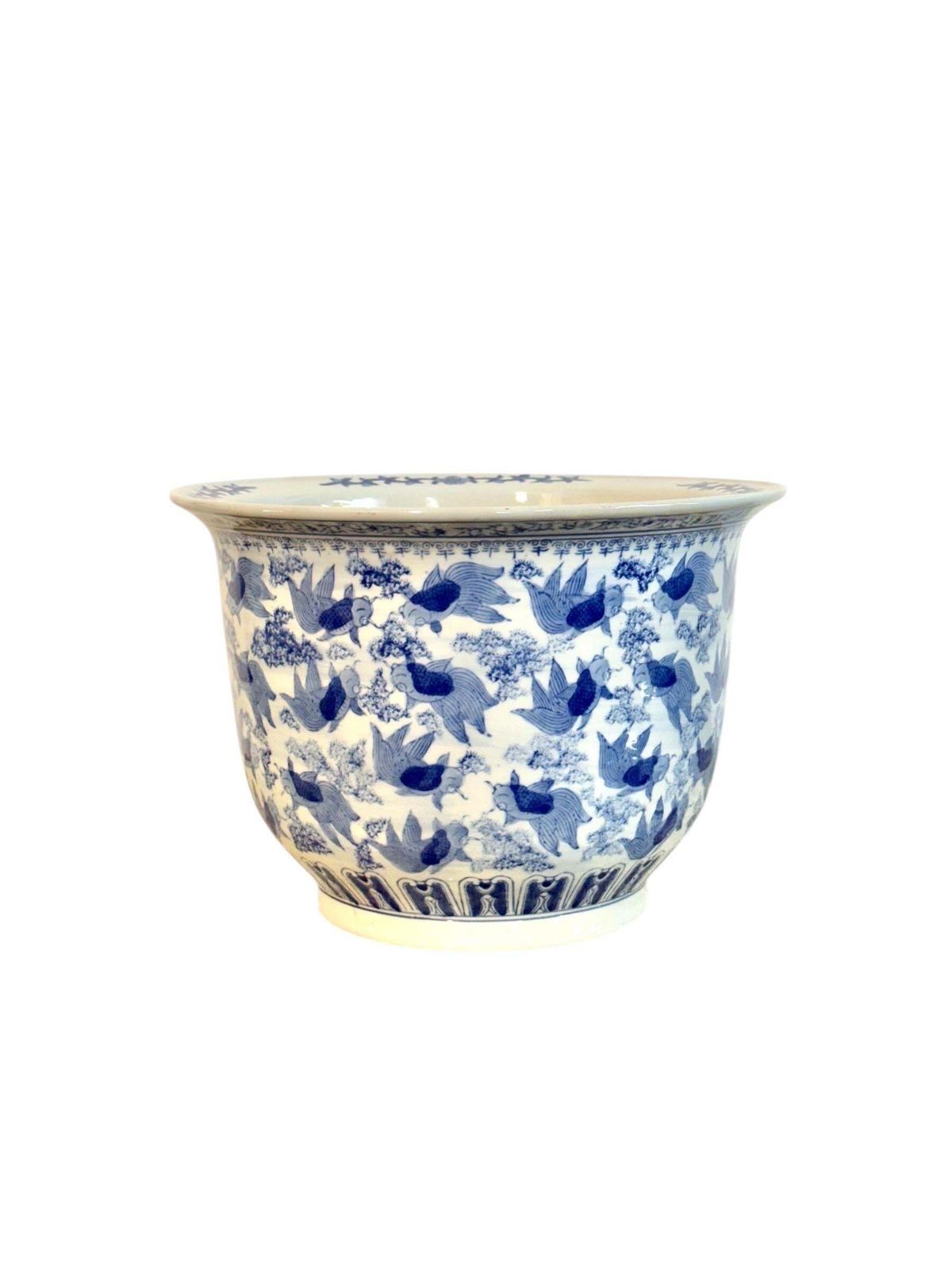Home Decor Chinese Blue & White Porcelain Jardinière With Carp, Circa 1900 photo