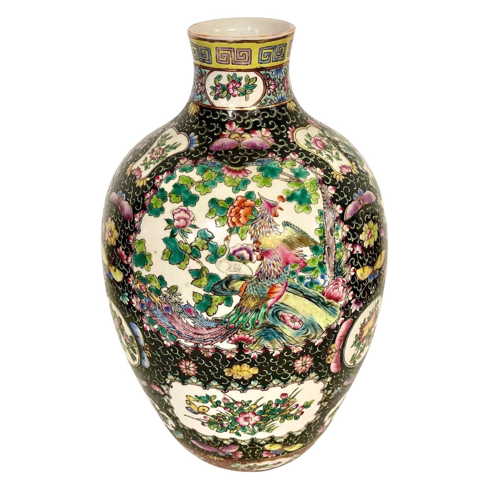 Large Chinese Famille Noire Porcelain Vase With Birds And Floral Panels