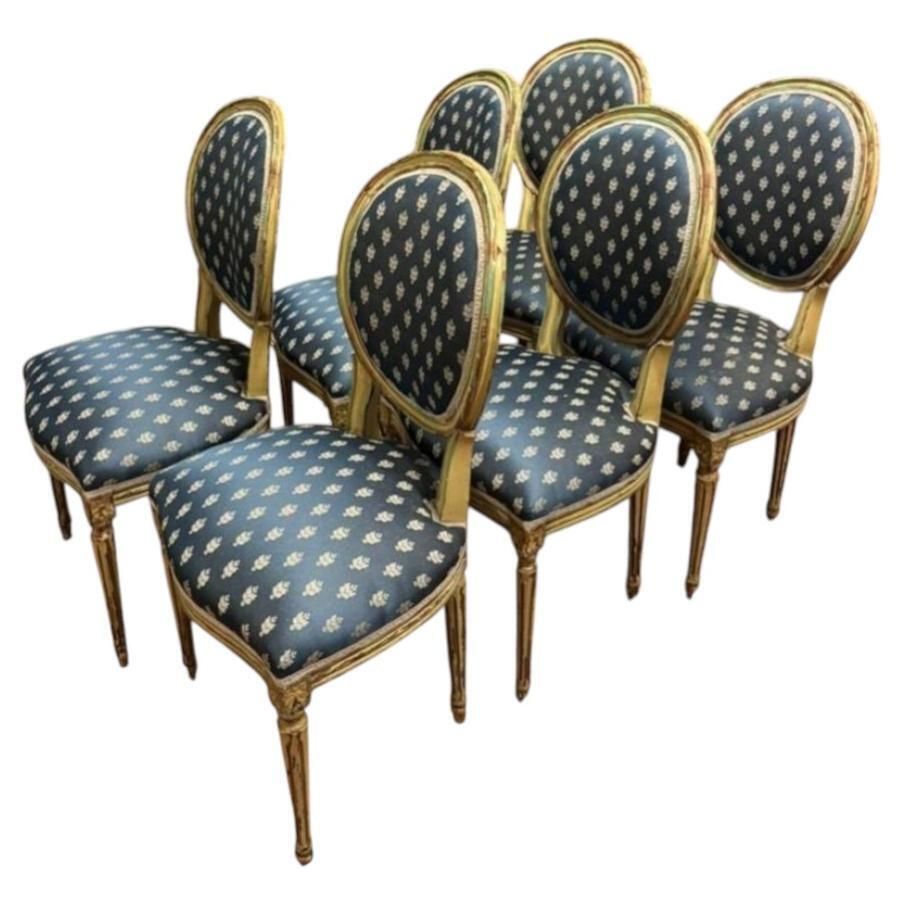 No. 6 Louis XVI Style Chairs, White Lacquer With Blue Lily Fabric, Italy
