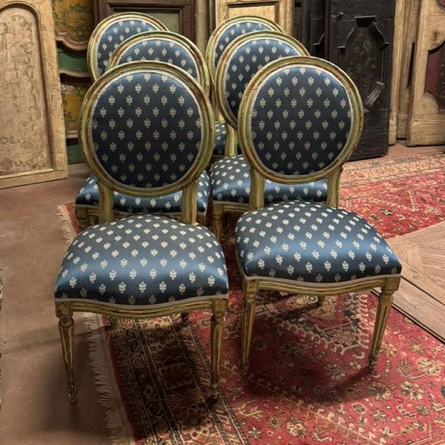 No. 6 Louis XVI Style Chairs, White Lacquer With Blue Lily Fabric, Italy photo furniture
