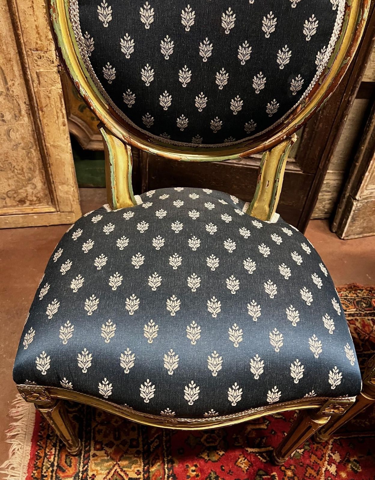 photo vinterior No. 6 Louis XVI Style Chairs, White Lacquer With Blue Lily Fabric, Italy