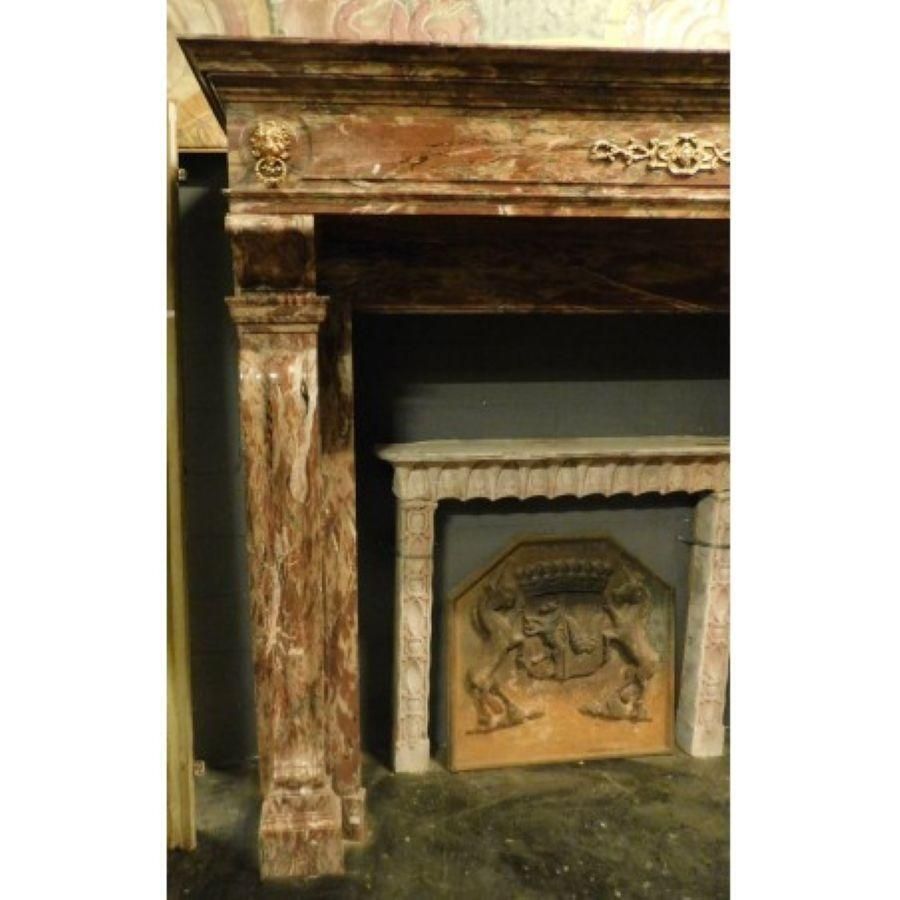 Fireplace Mantel In Levanto Red Marble, Applied Bronzes Empire Style, Italy photo for sale