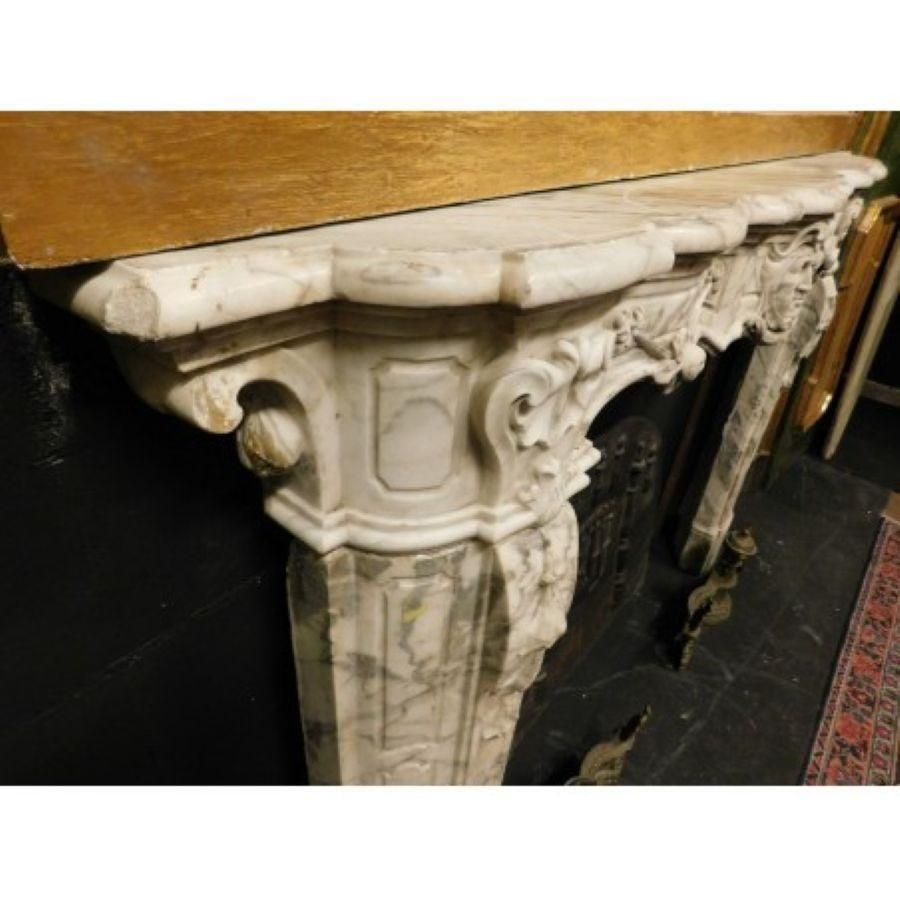 Huge White Marble Fireplace Mantel, Richly Carved With Mask And Friezes, Italy photo vintage
