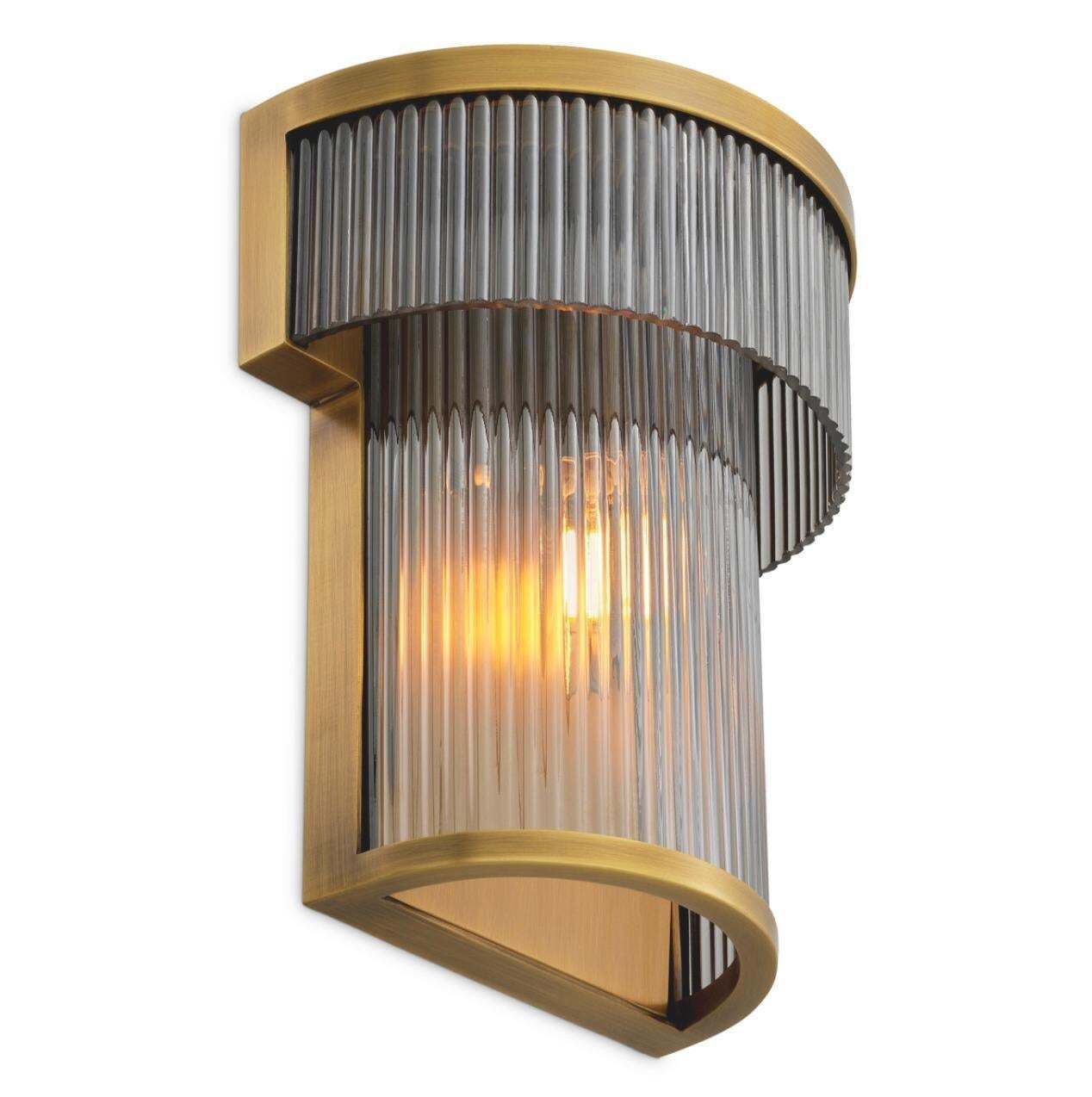 Pair Of Wall Lamps In Metal With Antique Brass Finish And Smoked Glass photo vinterior