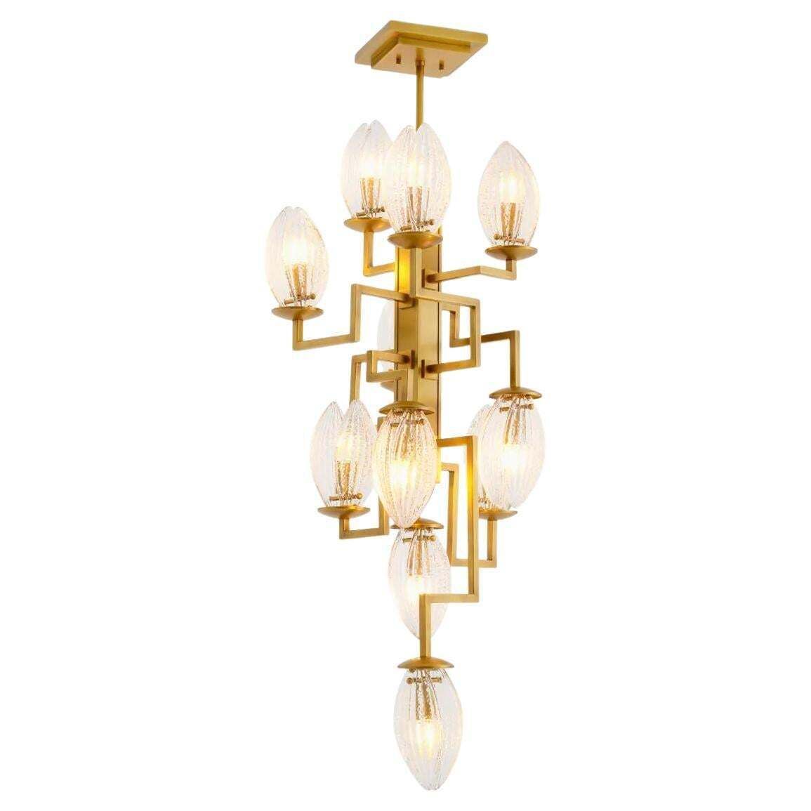 Antique Brass And Ribbed Glass Sculptural Chandelier