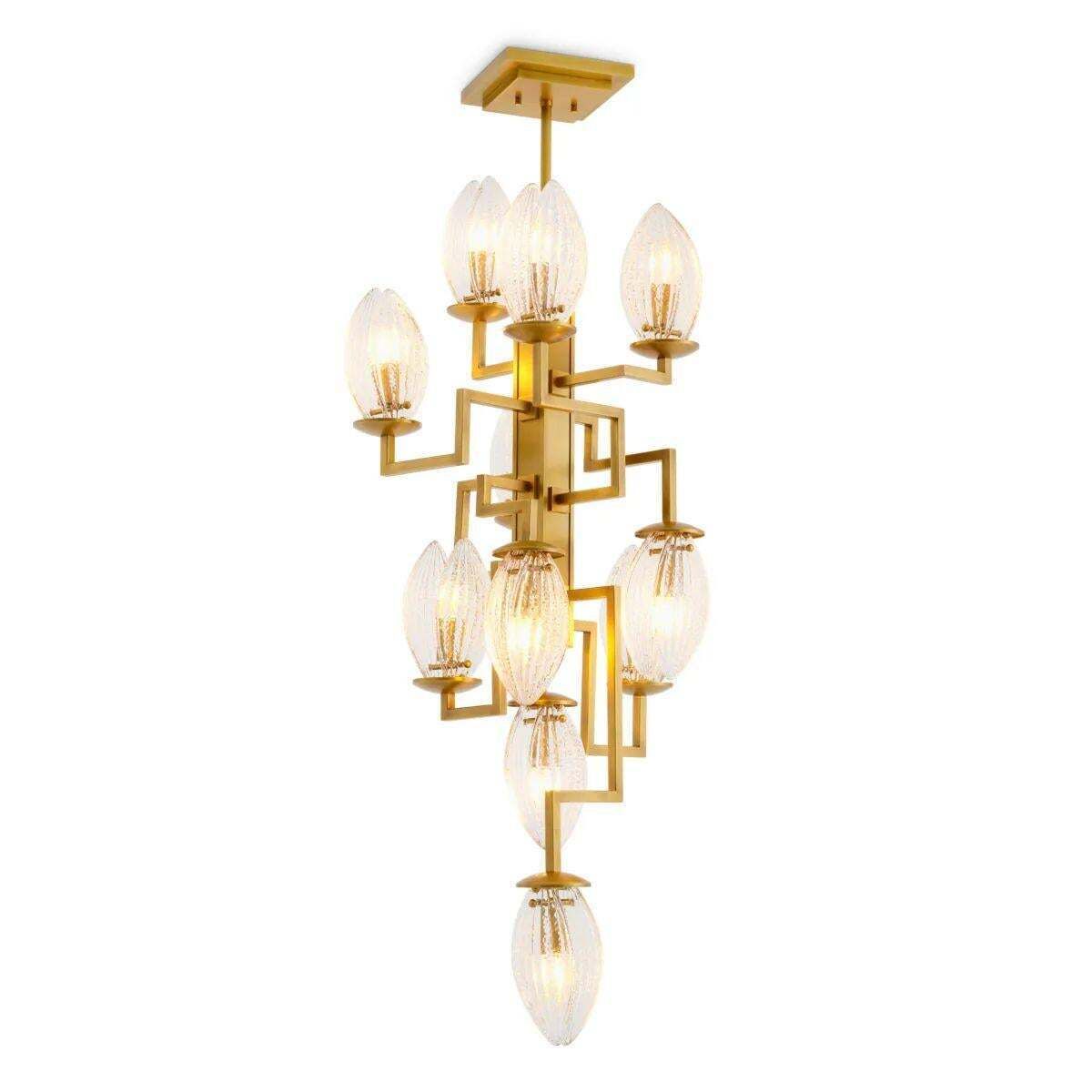 Antique Brass And Ribbed Glass Sculptural Chandelier photo for sale