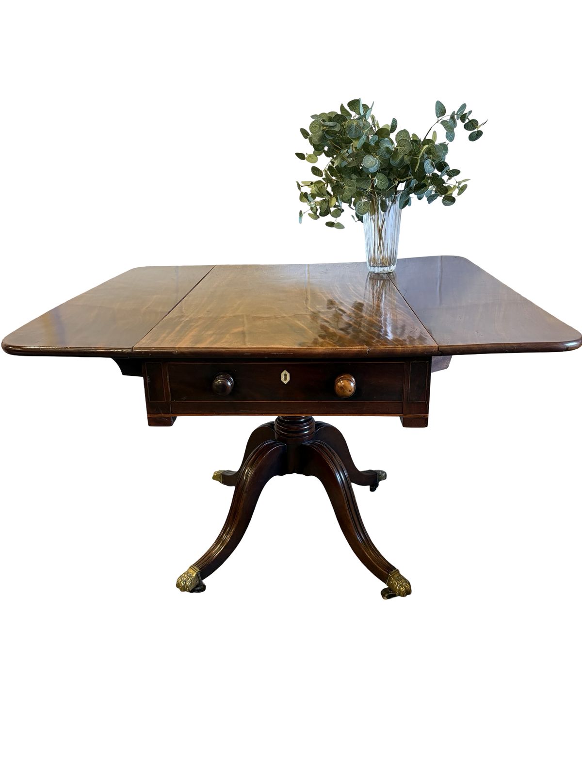 Regency Mahogany Sofa Table With Fitted Drawer On A Turned Column & Reed Legs Brass Paw Feet photo for sale