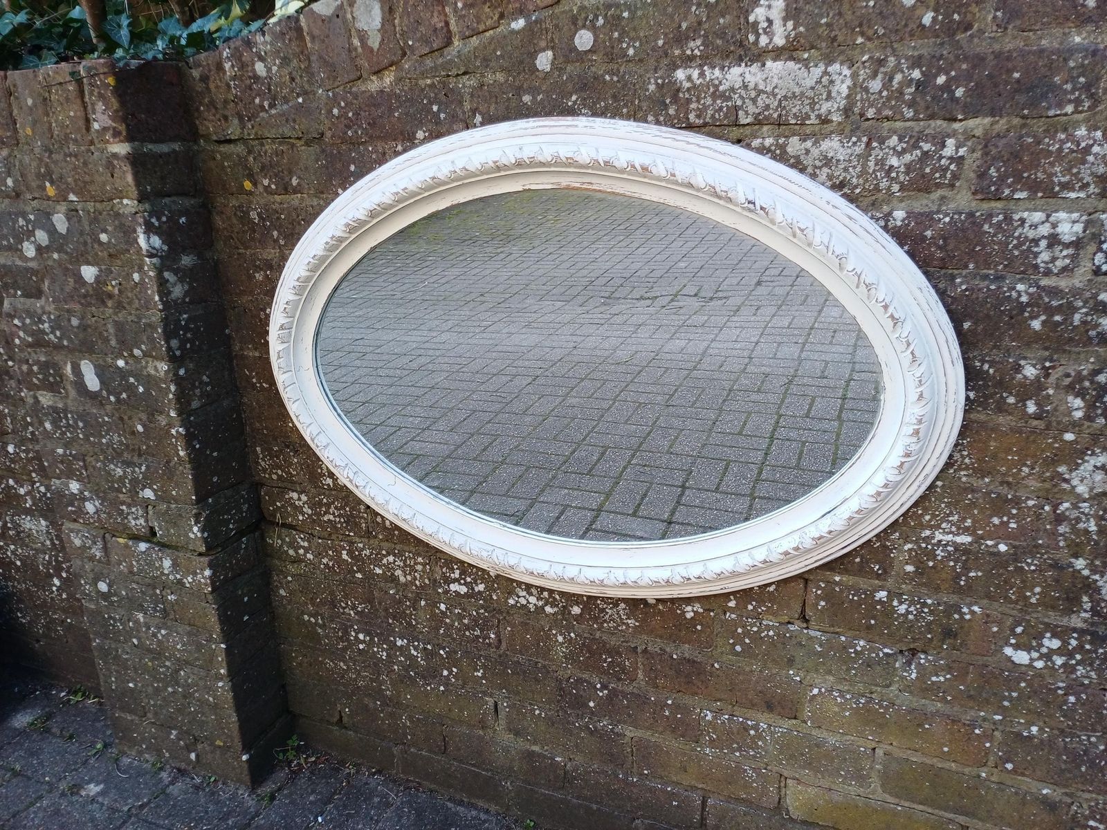 Large Carved Hand Painted Pine Oval Wall Mirror In Farrow And Ball Wimborne White Distressed Finish Vintage Style