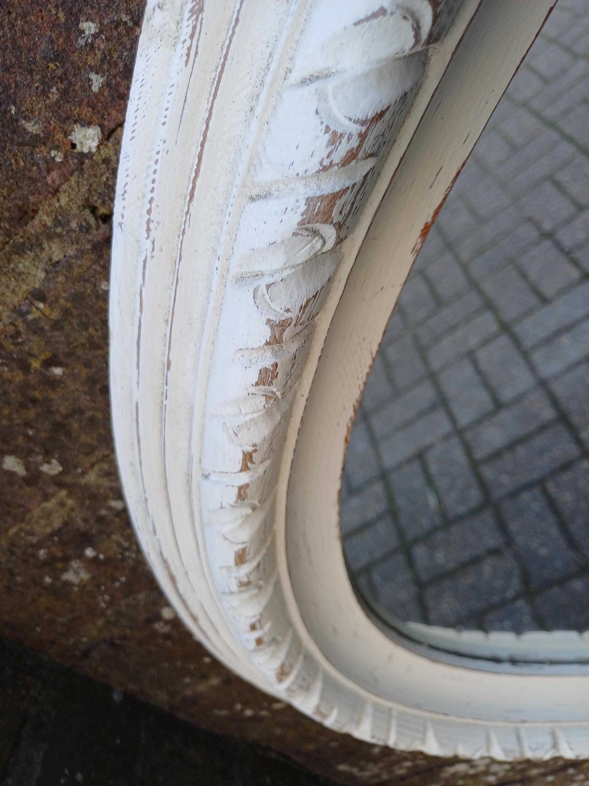 Large Carved Hand Painted Pine Oval Wall Mirror In Farrow And Ball Wimborne White Distressed Finish Vintage Style photo furniture