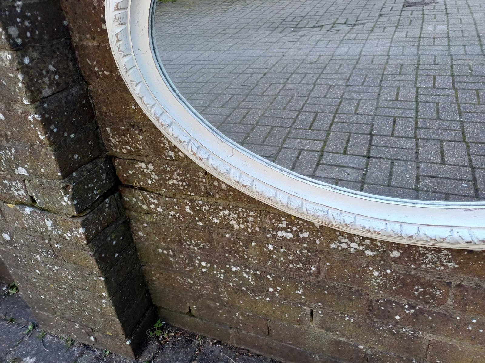 Large Carved Hand Painted Pine Oval Wall Mirror In Farrow And Ball Wimborne White Distressed Finish Vintage Style photo for sale