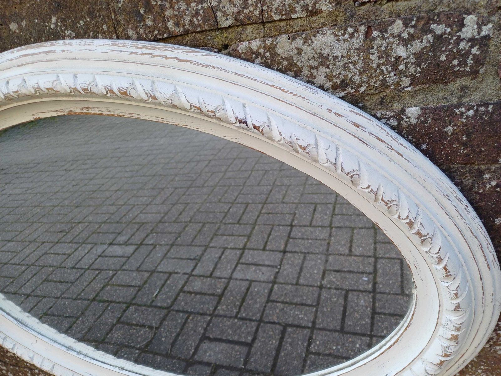 Large Carved Hand Painted Pine Oval Wall Mirror In Farrow And Ball Wimborne White Distressed Finish Vintage Style photo 275.0