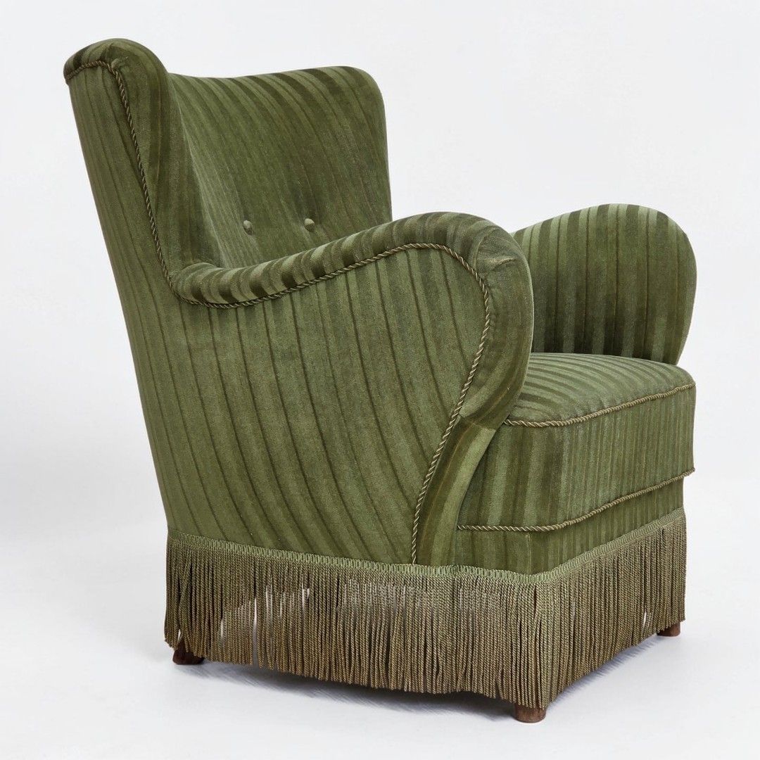 1960s, Danish Armchair, Original Green Furniture Velour.