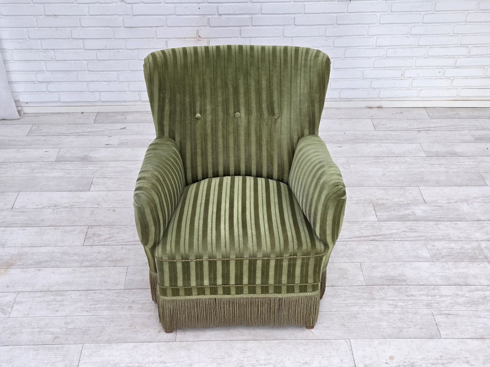 1960s, Danish Armchair, Original Green Furniture Velour. photo vinterior
