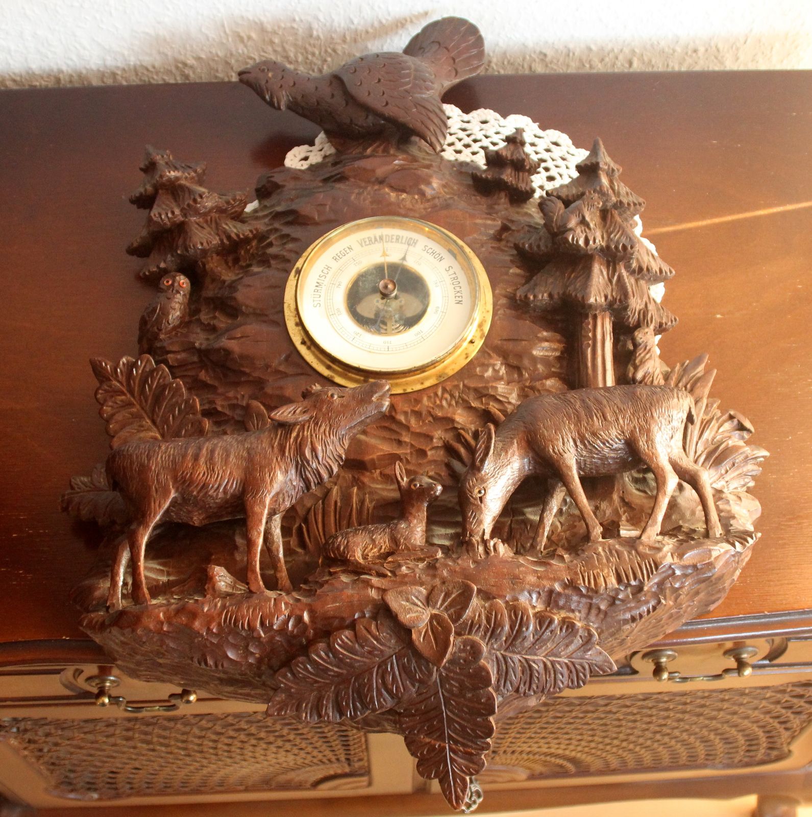 1930s   Antique Carving   Relief Like Handwork On Wood With Barometer   Wood, Metal, Glas   Wall Decoration photo furniture