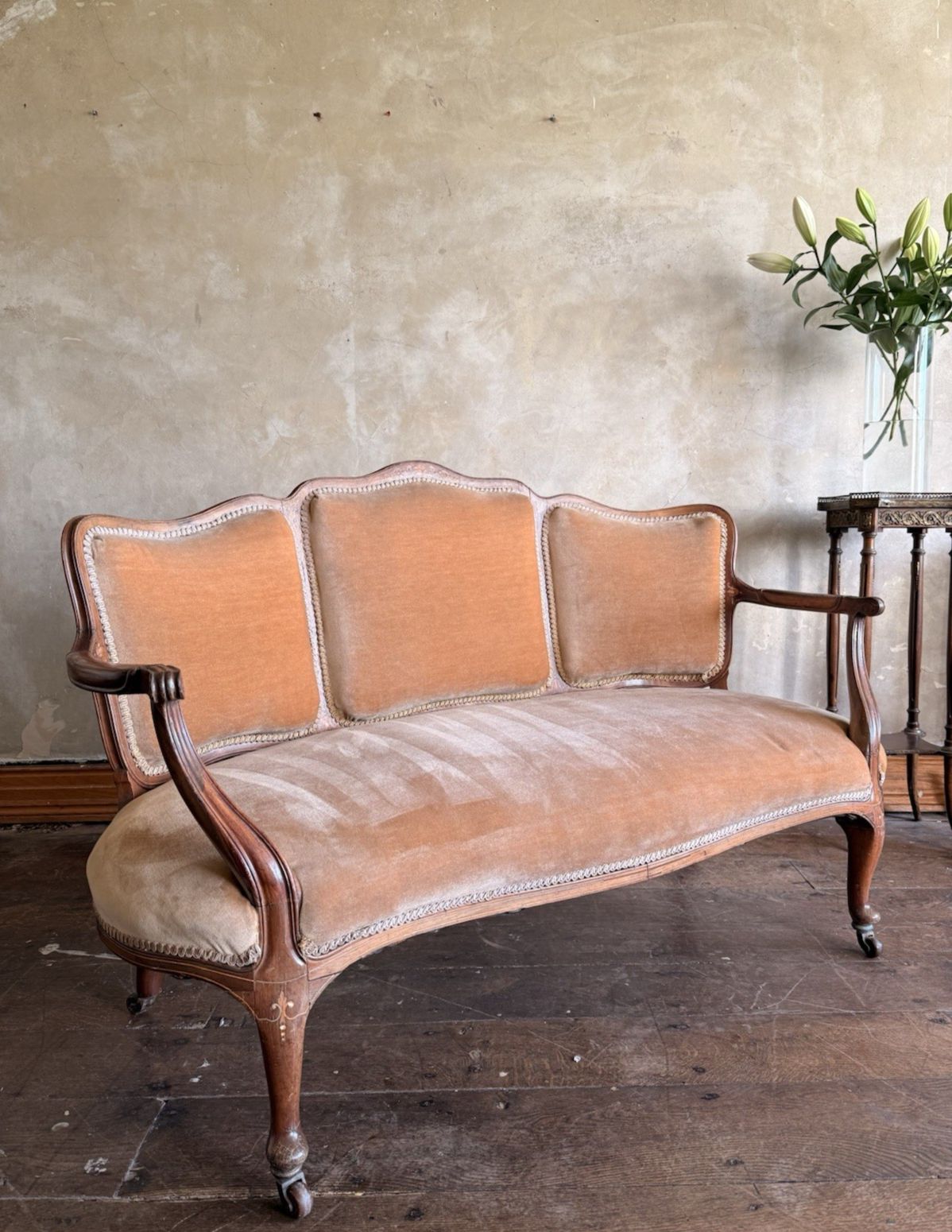 Antique Terricotta Velvet Inlaid Louis XV Continental Chaise Longue Sofa Daybed photo for sale