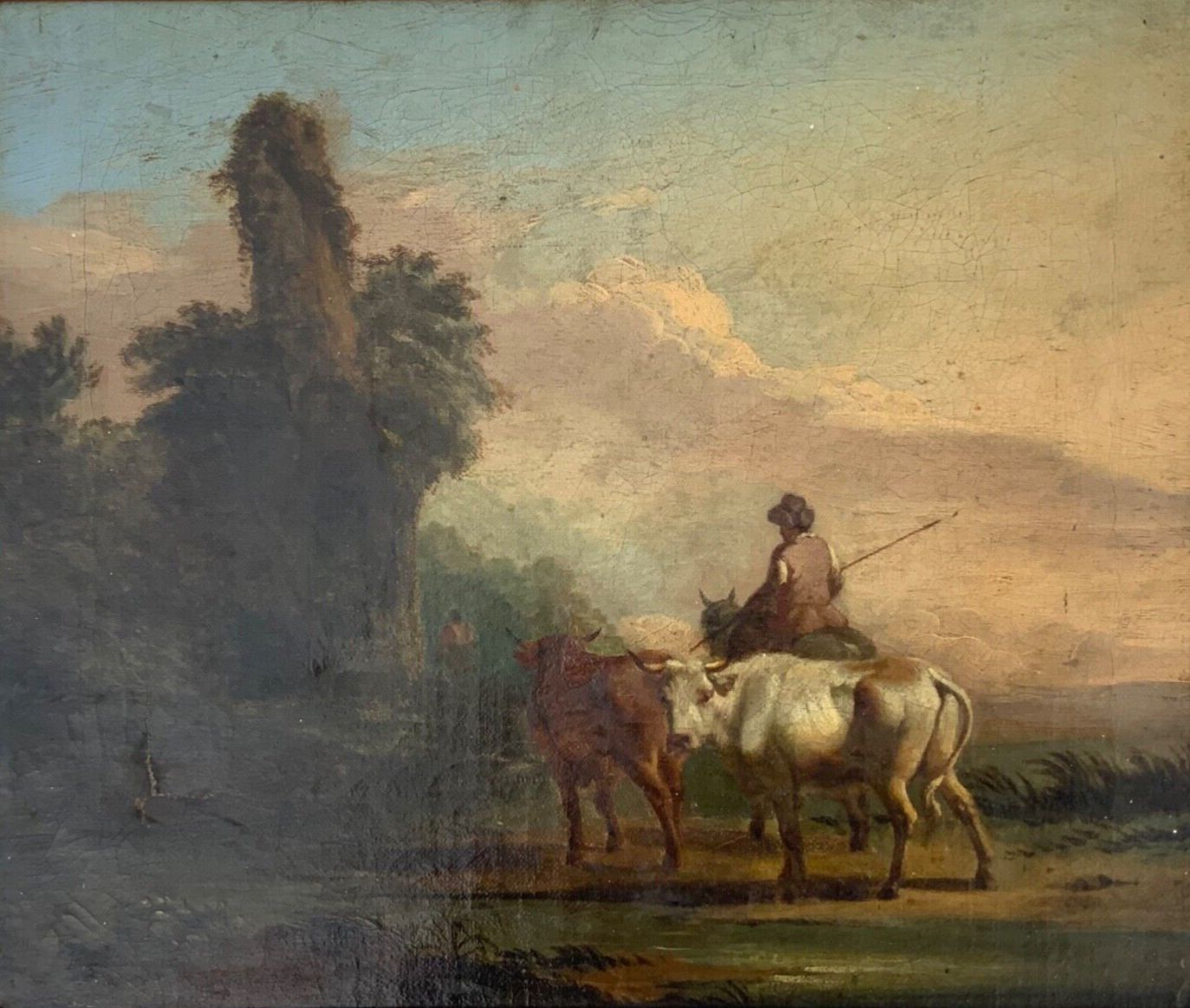 Antique Duch Old Master Oil On Canvas Cattle And Rural Ruins 18th 19th Century photo furniture