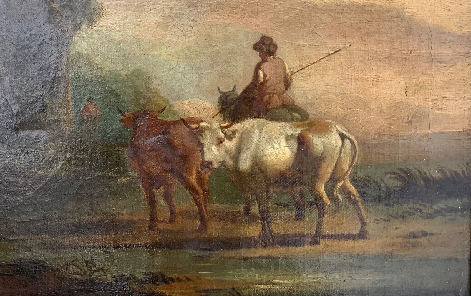 1201.0 Antique Duch Old Master Oil On Canvas Cattle And Rural Ruins 18th 19th Century photo