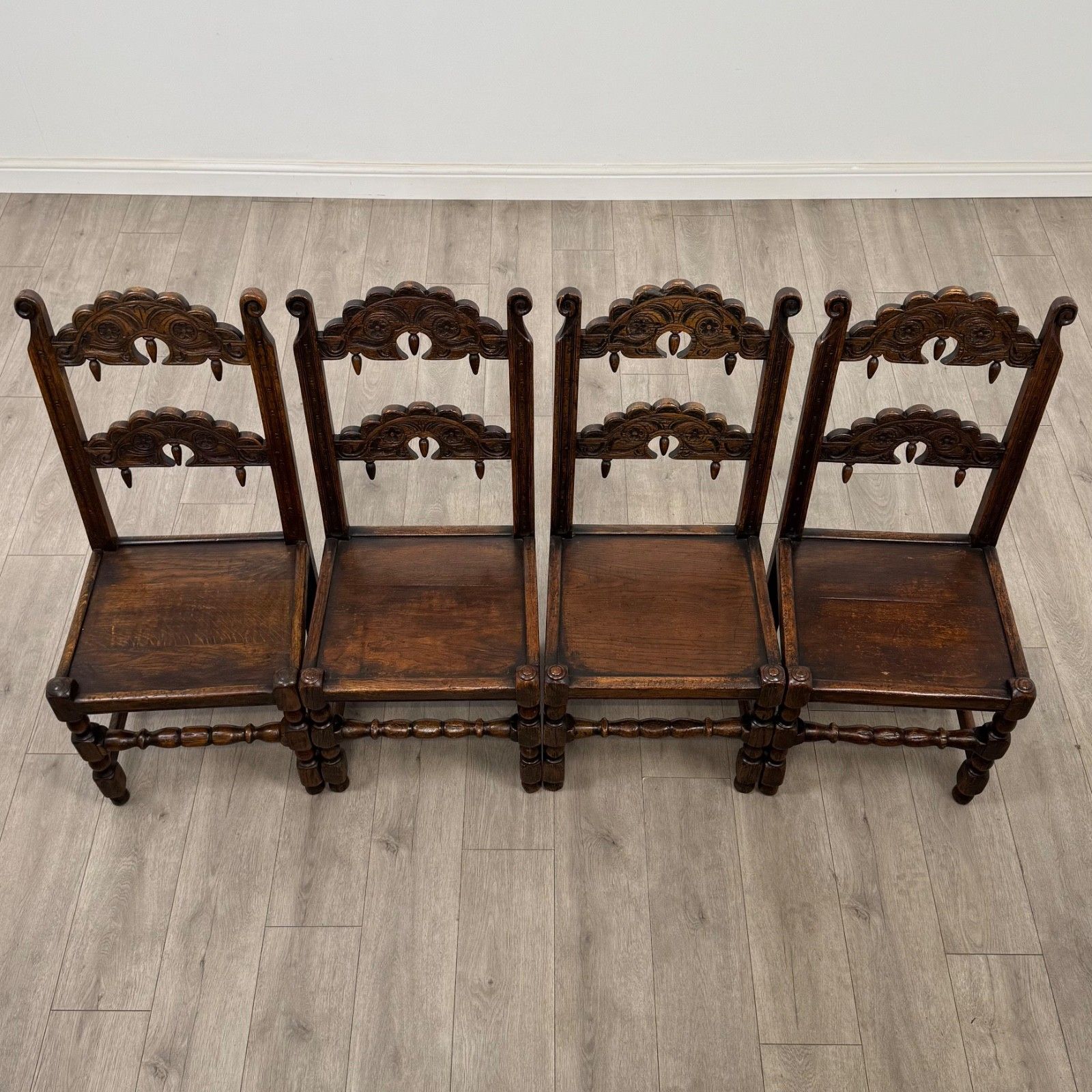 Antique 20th Century Set Of 4 Jacobean Style Oak Dining Chairs ( Af 5372 ) photo buy