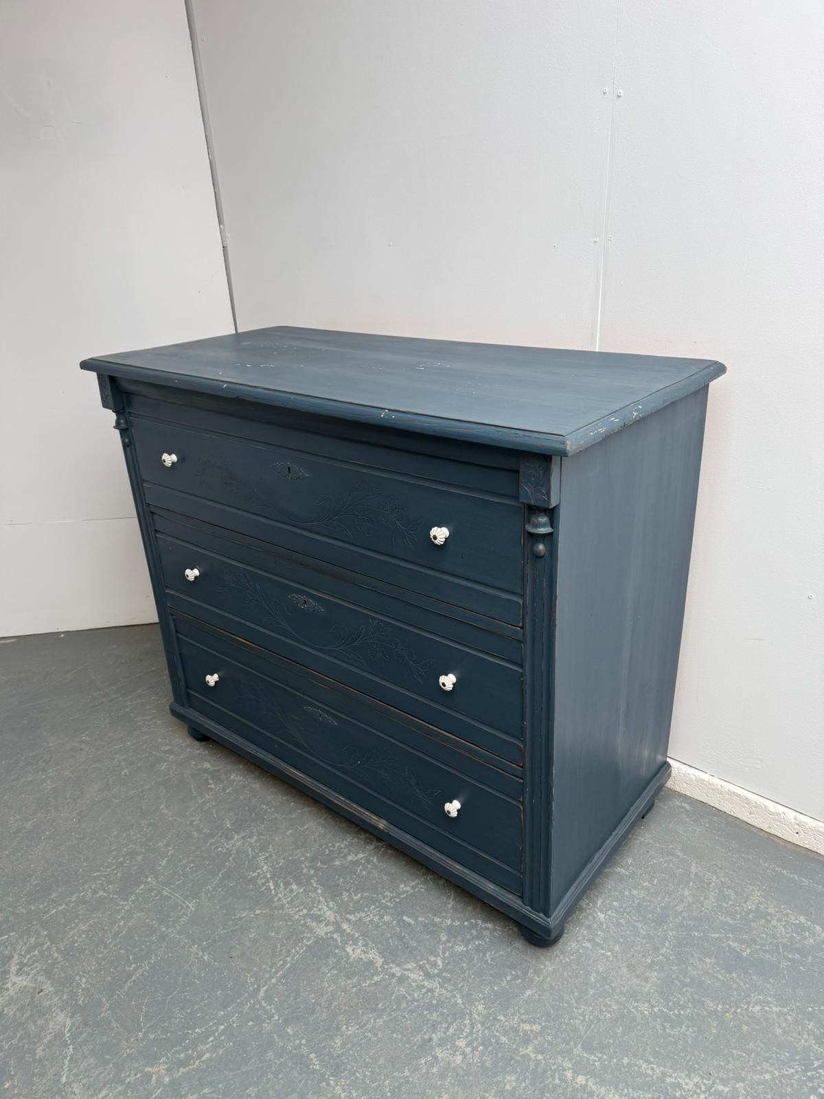 An Original Pine Victorian Painted Blue Carved 3 Drawer Chest Of Drawers