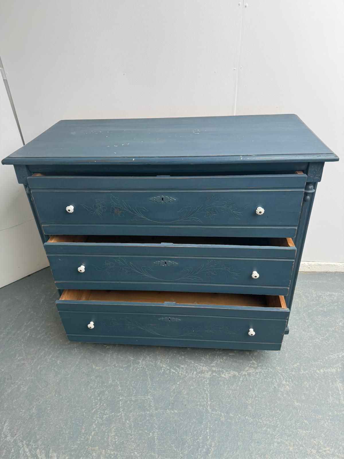An Original Pine Victorian Painted Blue Carved 3 Drawer Chest Of Drawers photo 795.0