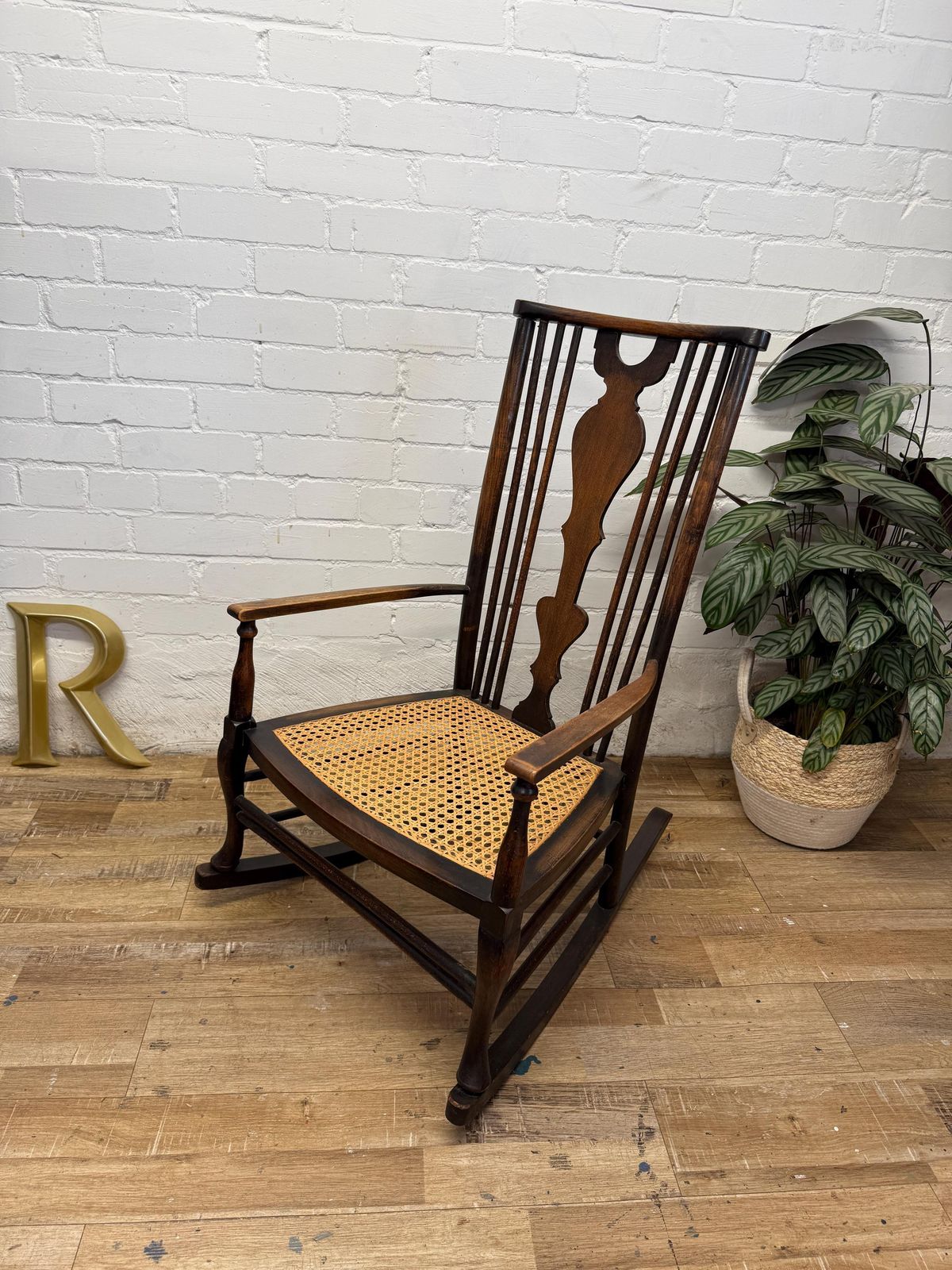 Antique Edwardian Rocking Chair, Cane Seat, Arts & Crafts Armchair, Vintage Spindle Back, Low Seat photo vintage
