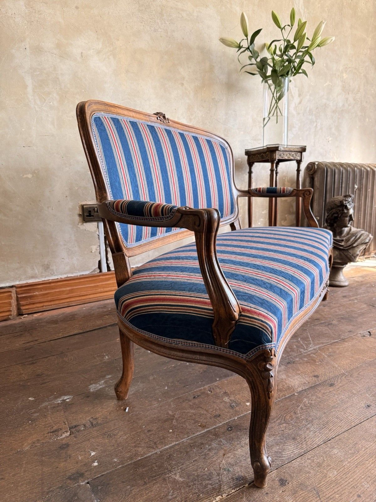 Antique Continental  Louis XV Deep Blue Red Stripe Chaise Longue Settee Sofa photo vintage